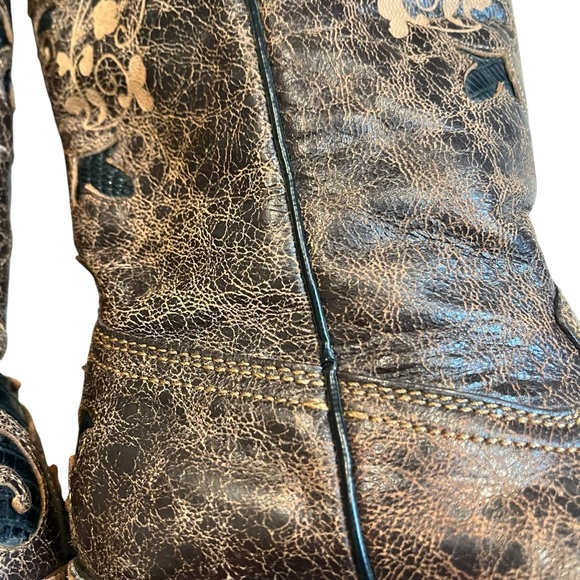Corral Boots Brown Distressed Lizard Inlay Snip Toe style C2118, Sz 7 - Picture 11 of 16